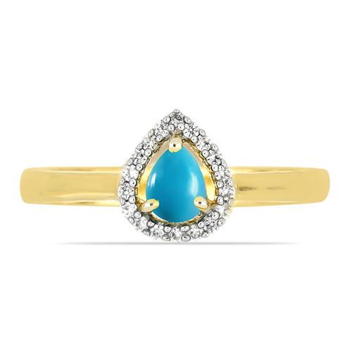 BUY 14K GOLD  NATURAL BLUE TURQUOISE GEMSTONE HALO RING WITH WHITE DIAMOND